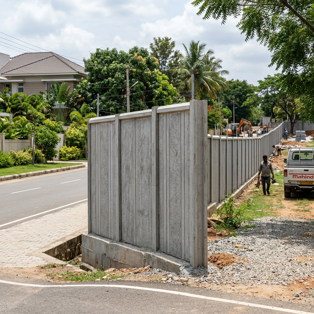 Concrete wall under construction with workers and construction vehicle